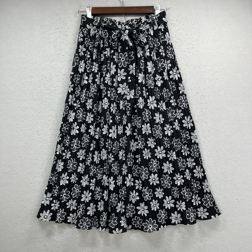Alice Blue Pleated Skirt Womens Small Black Floral Tie Waist Midi Summer Boho